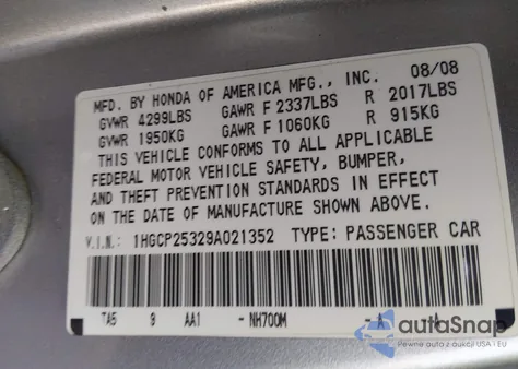 2009 Honda Accord 2.4 Lx z USA, uszkodzony, nr VIN 1HGCP25329A021352